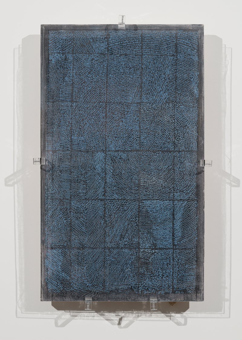 Standing with a Painting No11, 2025, ink and oil on plexiglas and wood, 45 × 27 cm