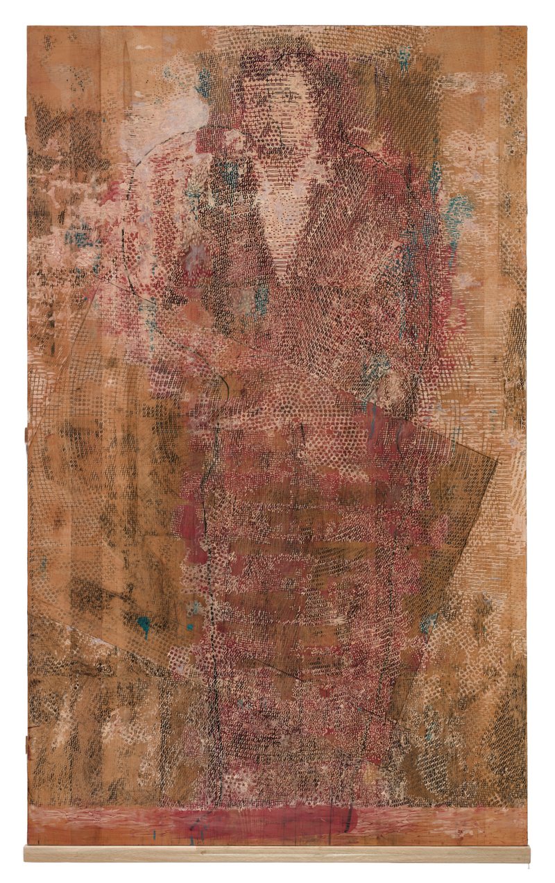 Standing with a Painting No8, 2025, oil on wood, 184 × 110 cm